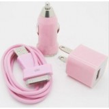 Wholesale - Car Charger + USB Data Charger Cable + Wall Charger Adaptor for iPod/iTouch/iPhone Series-Pink