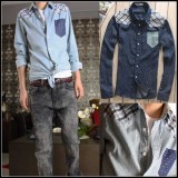 Wholesale - Classical Dots Style Denim Shirt with Long Sleeves (1-303-C508)