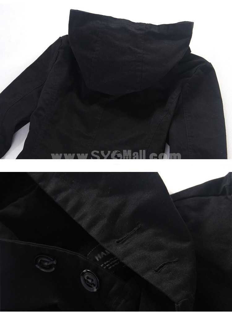 Men's Coat 100% Cotton Medium Length Hooded Double-Breasted Black (501B-B136)