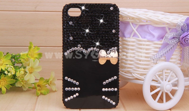 Kitten Face & Bowknot Pattern Rhinestone Phone Case Back Cover for iPhone4/4S iPhone5 F0019