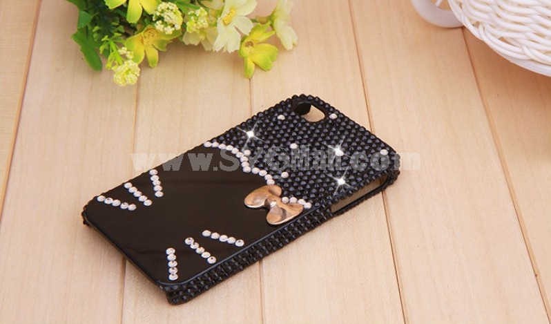 Kitten Face & Bowknot Pattern Rhinestone Phone Case Back Cover for iPhone4/4S iPhone5 F0019