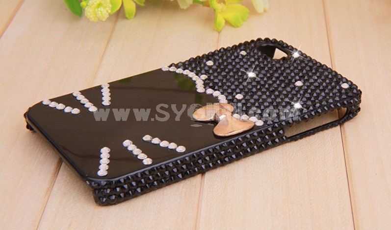 Kitten Face & Bowknot Pattern Rhinestone Phone Case Back Cover for iPhone4/4S iPhone5 F0019