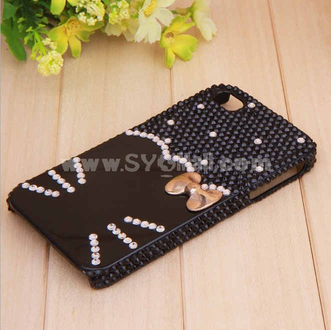 Kitten Face & Bowknot Pattern Rhinestone Phone Case Back Cover for iPhone4/4S iPhone5 F0019