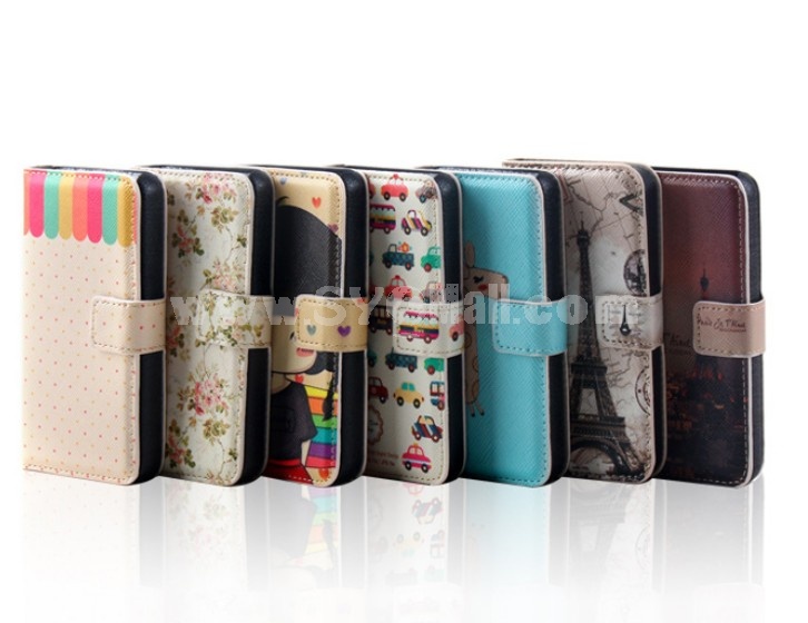 Cute Painting PU Leather Pattern Case with Card Slot for iPhone4/4s