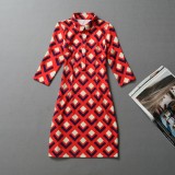 Wholesale - Fifth Sleeve Rhombus Printing Dress Evening Dress